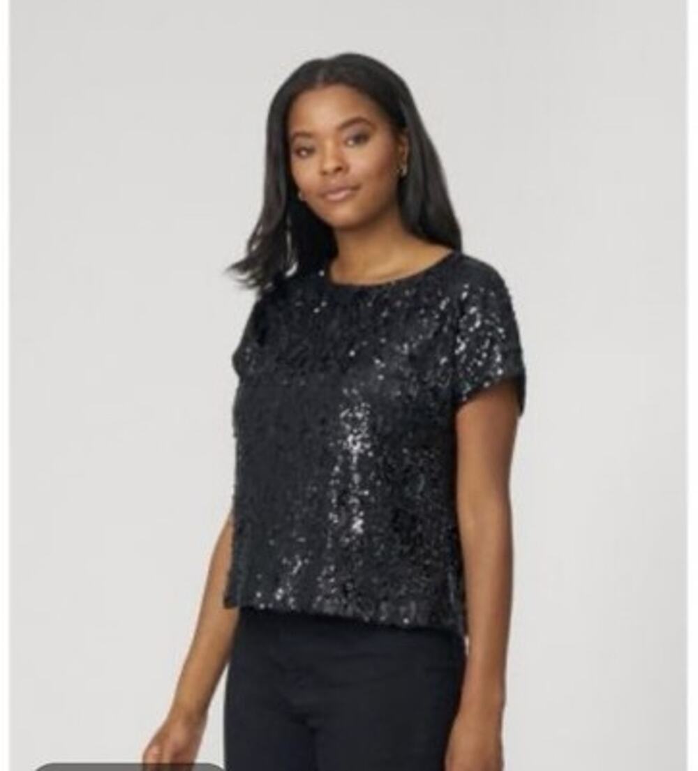 Cable & Gauge Black Sequin Top Short Sleeve Party Blouse Keyhole Back Lined M